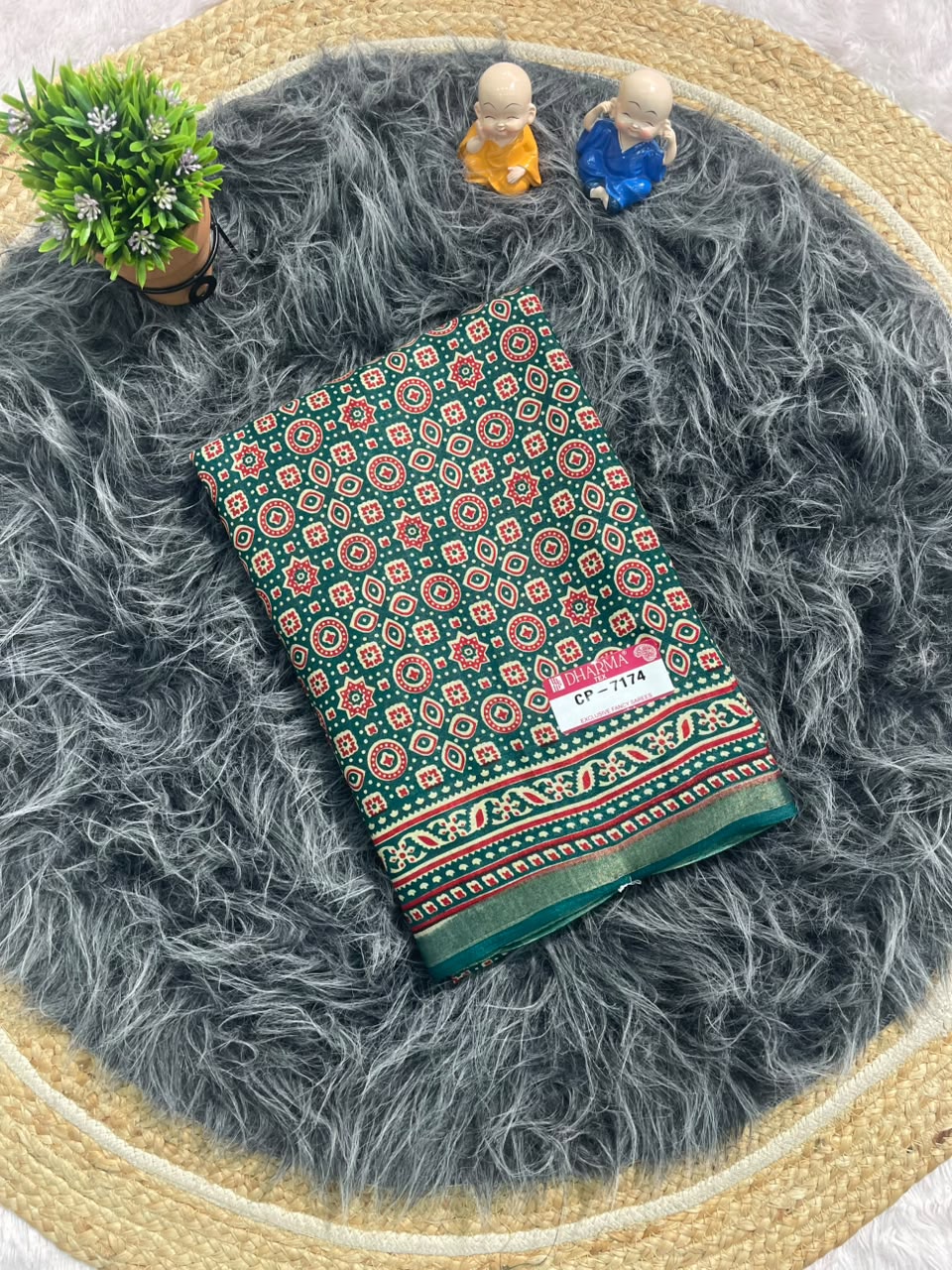 CP-7174 MAL COTTON FABRIC SAREE WITH RICH PALLU DESIGN WITH BEAUTIFUL AJRAKH PRINT ALL OVER ON SAREE WITH BLOUSE