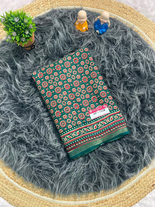 CP-7174 MAL COTTON FABRIC SAREE WITH RICH PALLU DESIGN WITH BEAUTIFUL AJRAKH PRINT ALL OVER ON SAREE WITH BLOUSE