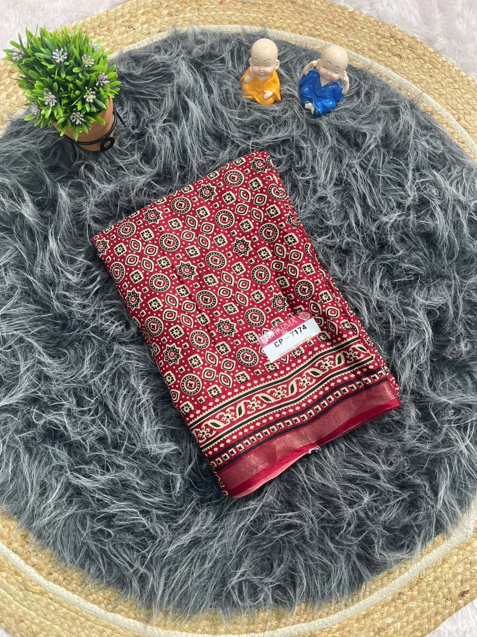 CP-7174 MAL COTTON FABRIC SAREE WITH RICH PALLU DESIGN WITH BEAUTIFUL AJRAKH PRINT ALL OVER ON SAREE WITH BLOUSE