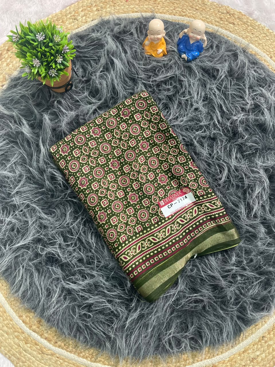 CP-7174 MAL COTTON FABRIC SAREE WITH RICH PALLU DESIGN WITH BEAUTIFUL AJRAKH PRINT ALL OVER ON SAREE WITH BLOUSE