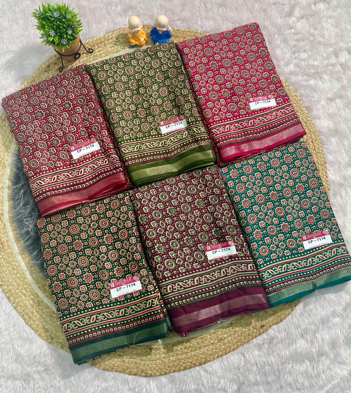 CP-7174 MAL COTTON FABRIC SAREE WITH RICH PALLU DESIGN WITH BEAUTIFUL AJRAKH PRINT ALL OVER ON SAREE WITH BLOUSE