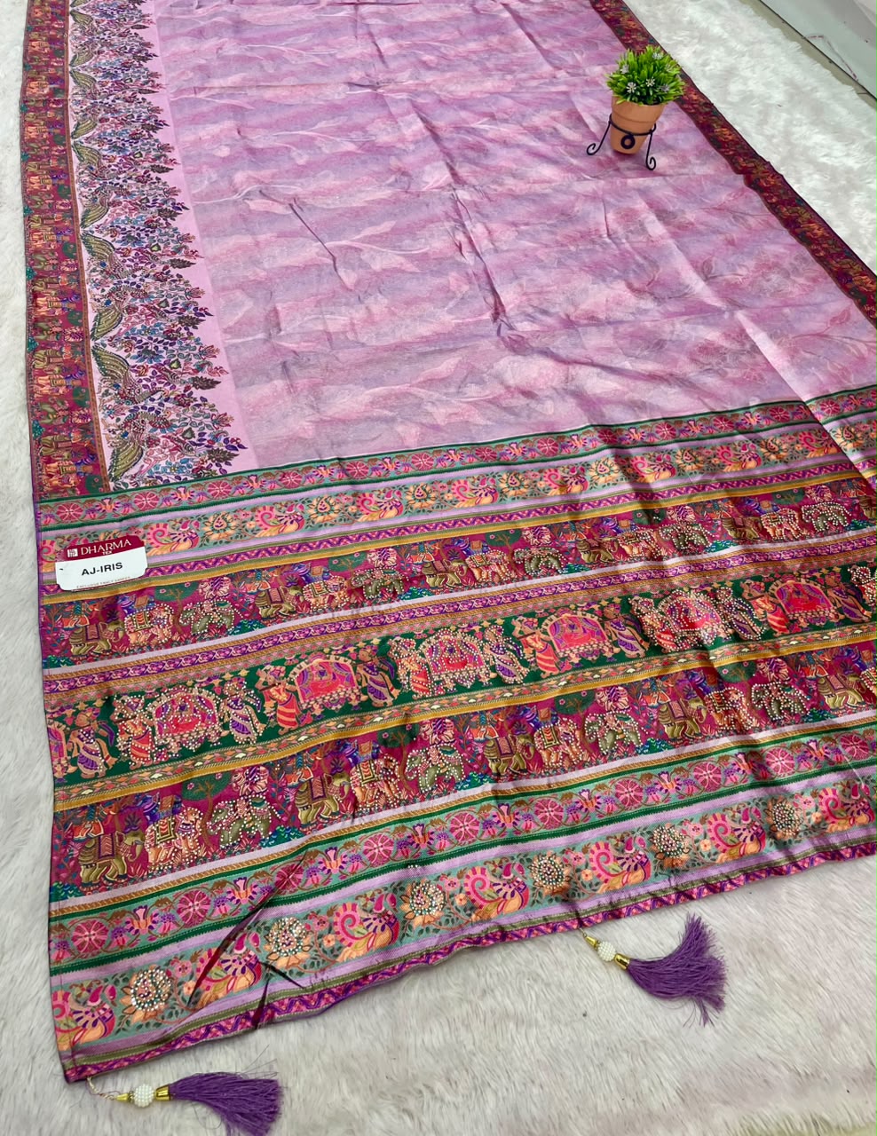 AJ-IRIS FANCY FABRIC SAREE WITH BEAUTIFUL PRINT  WITH DMC SIROSKI WORK WITH MEENAKARI WORK WITH BEAUTIFUL PEACOCK AND GAJRAJ DESIGN WITH PIPING AND LATKAN WITH BLOUSE