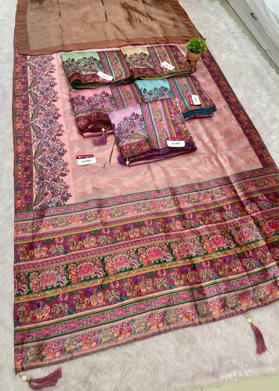 AJ-IRIS FANCY FABRIC SAREE WITH BEAUTIFUL PRINT  WITH DMC SIROSKI WORK WITH MEENAKARI WORK WITH BEAUTIFUL PEACOCK AND GAJRAJ DESIGN WITH PIPING AND LATKAN WITH BLOUSE