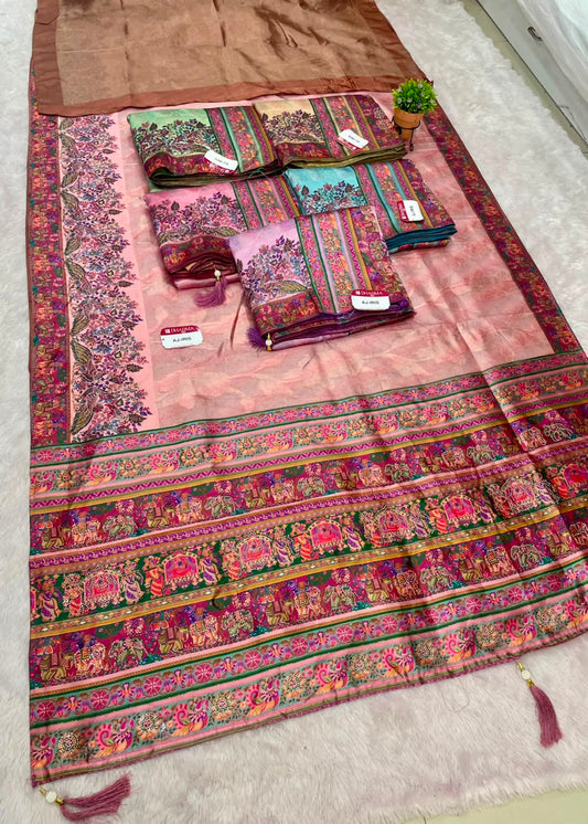 AJ-IRIS FANCY FABRIC SAREE WITH BEAUTIFUL PRINT  WITH DMC SIROSKI WORK WITH MEENAKARI WORK WITH BEAUTIFUL PEACOCK AND GAJRAJ DESIGN WITH PIPING AND LATKAN WITH BLOUSE