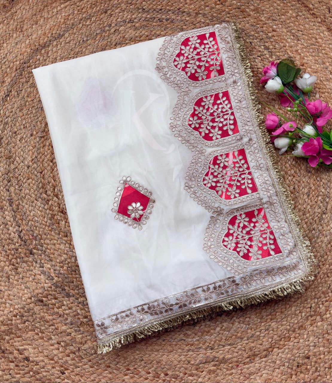 DF-5023 CREP SILK SAREE WITH BEAUTIFUL LARIYA PRINT C PALLU  BUTTA WORK AND RAFAL FANCY LACE  FULL SAREE DORI GOTA WORK JODHPURI WORK WITH CYC GEORGETTE BLOOMING LARIYA SAREE WITH BEAUTIFUL DORI GOTTA WORK