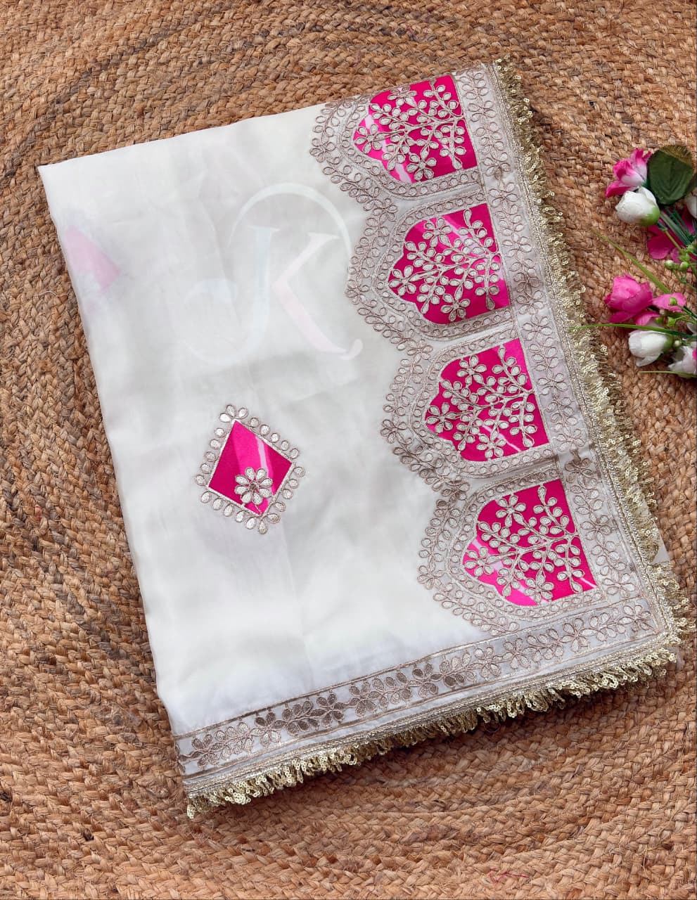 DF-5023 CREP SILK SAREE WITH BEAUTIFUL LARIYA PRINT C PALLU  BUTTA WORK AND RAFAL FANCY LACE  FULL SAREE DORI GOTA WORK JODHPURI WORK WITH CYC GEORGETTE BLOOMING LARIYA SAREE WITH BEAUTIFUL DORI GOTTA WORK