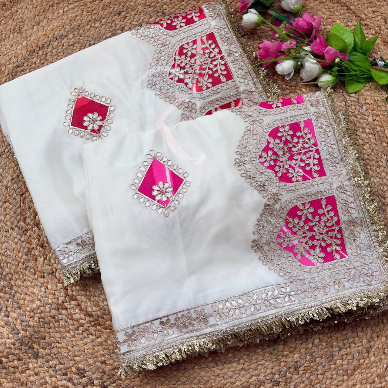DF-5023 CREP SILK SAREE WITH BEAUTIFUL LARIYA PRINT C PALLU  BUTTA WORK AND RAFAL FANCY LACE  FULL SAREE DORI GOTA WORK JODHPURI WORK WITH CYC GEORGETTE BLOOMING LARIYA SAREE WITH BEAUTIFUL DORI GOTTA WORK