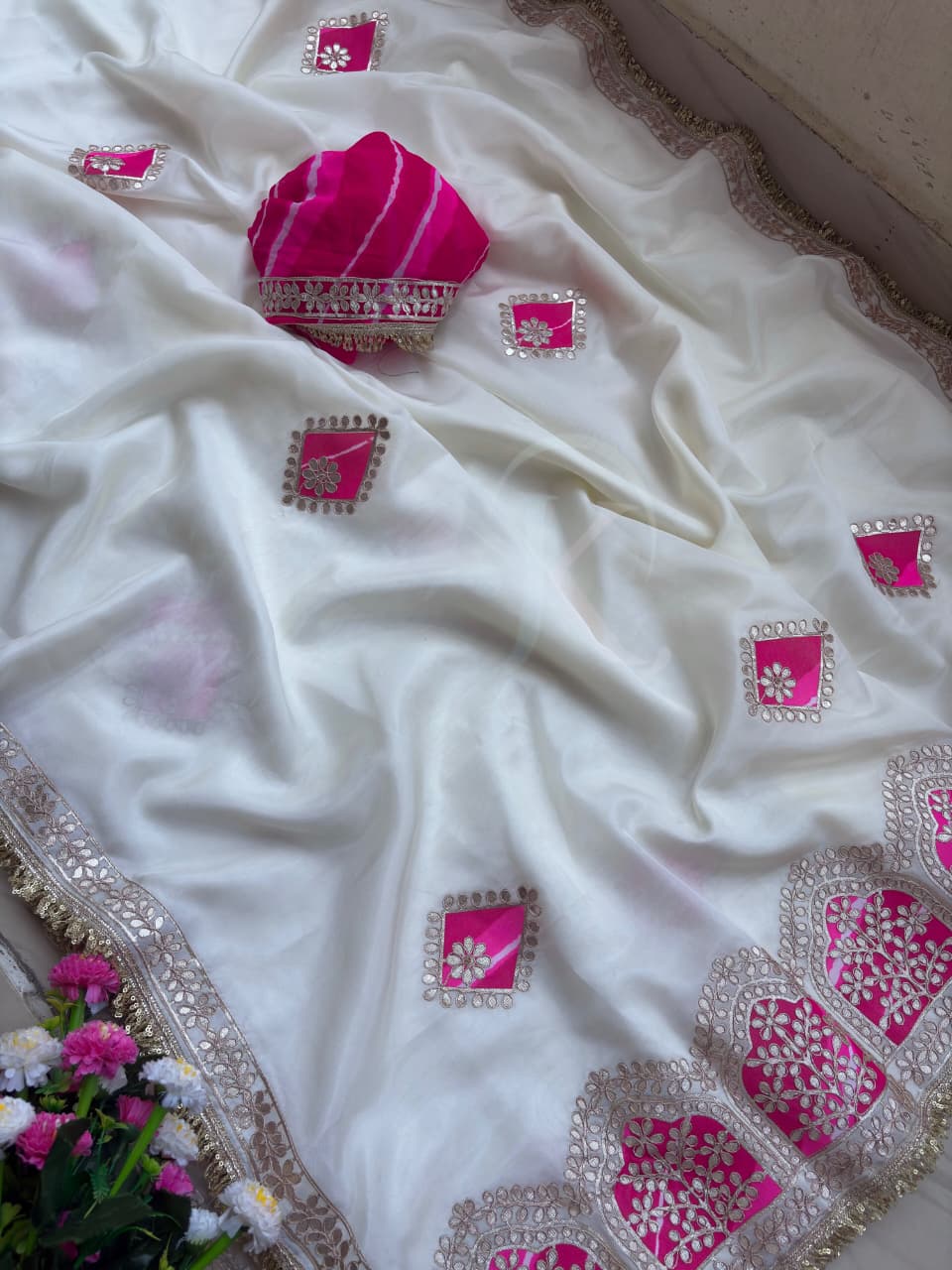 DF-5023 CREP SILK SAREE WITH BEAUTIFUL LARIYA PRINT C PALLU  BUTTA WORK AND RAFAL FANCY LACE  FULL SAREE DORI GOTA WORK JODHPURI WORK WITH CYC GEORGETTE BLOOMING LARIYA SAREE WITH BEAUTIFUL DORI GOTTA WORK