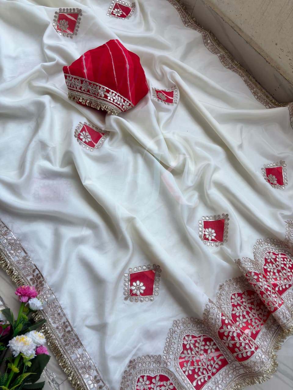 DF-5023 CREP SILK SAREE WITH BEAUTIFUL LARIYA PRINT C PALLU  BUTTA WORK AND RAFAL FANCY LACE  FULL SAREE DORI GOTA WORK JODHPURI WORK WITH CYC GEORGETTE BLOOMING LARIYA SAREE WITH BEAUTIFUL DORI GOTTA WORK