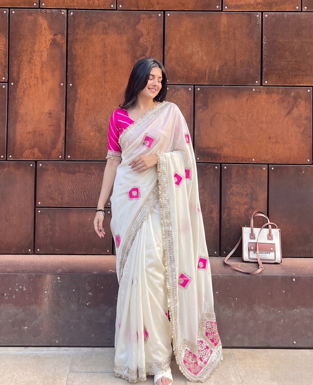 DF-5023 CREP SILK SAREE WITH BEAUTIFUL LARIYA PRINT C PALLU  BUTTA WORK AND RAFAL FANCY LACE  FULL SAREE DORI GOTA WORK JODHPURI WORK WITH CYC GEORGETTE BLOOMING LARIYA SAREE WITH BEAUTIFUL DORI GOTTA WORK