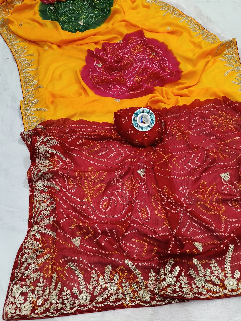 DF-5025 MOSS CHIFFON SOFT & SMOOTH WITH BEAUTIFUL SEQUENCE&PITA WORK C-PALLU WITH TRADITIONAL BANDHEJ ALL OVER WITH WORK BLOUSE