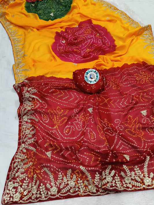 DF-5025 MOSS CHIFFON SOFT & SMOOTH WITH BEAUTIFUL SEQUENCE&PITA WORK C-PALLU WITH TRADITIONAL BANDHEJ ALL OVER WITH WORK BLOUSE