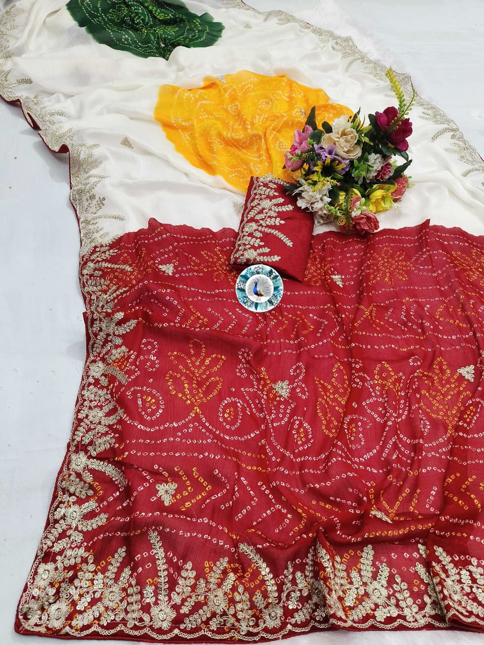 DF-5025 MOSS CHIFFON SOFT & SMOOTH WITH BEAUTIFUL SEQUENCE&PITA WORK C-PALLU WITH TRADITIONAL BANDHEJ ALL OVER WITH WORK BLOUSE