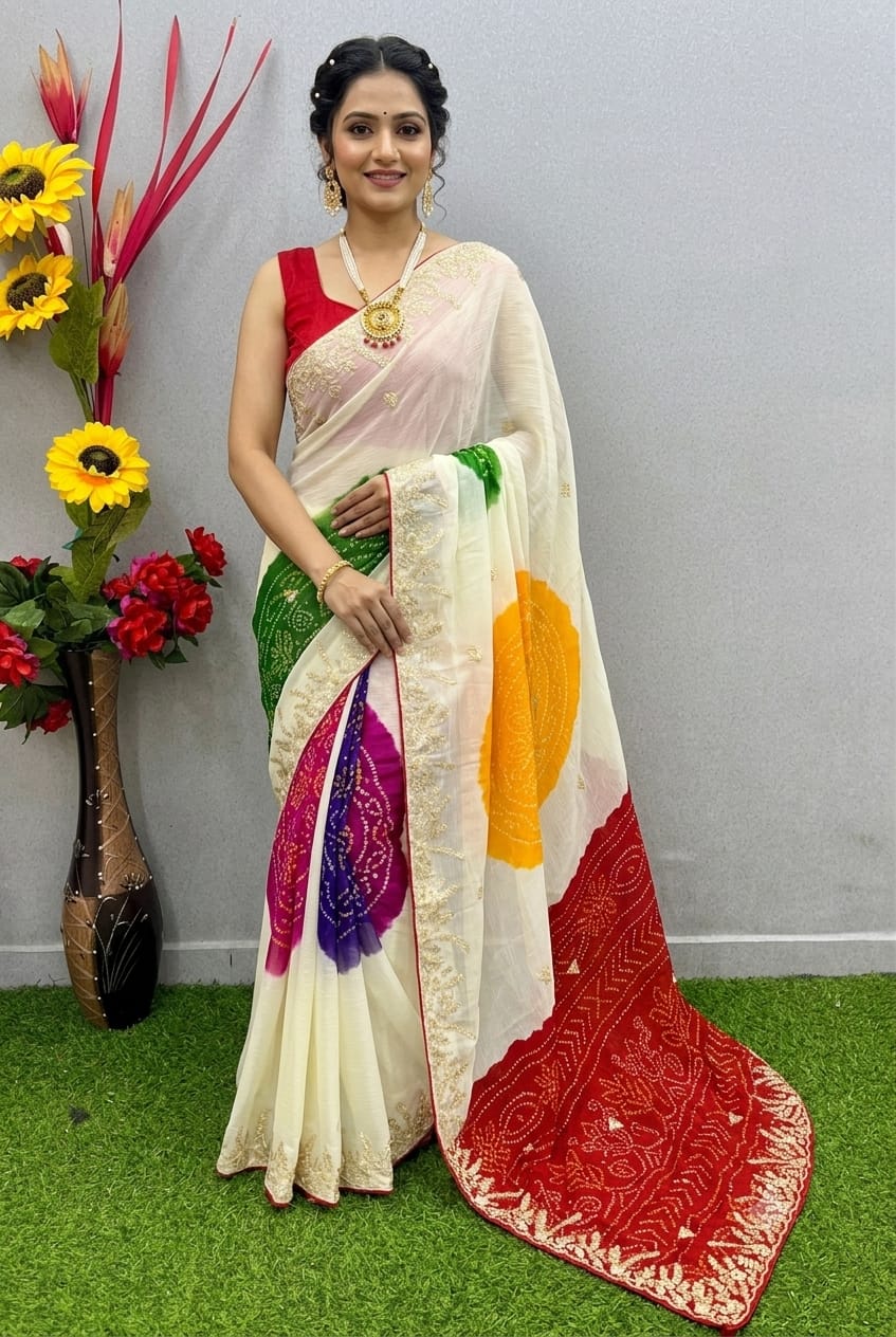 DF-5025 MOSS CHIFFON SOFT & SMOOTH WITH BEAUTIFUL SEQUENCE&PITA WORK C-PALLU WITH TRADITIONAL BANDHEJ ALL OVER WITH WORK BLOUSE
