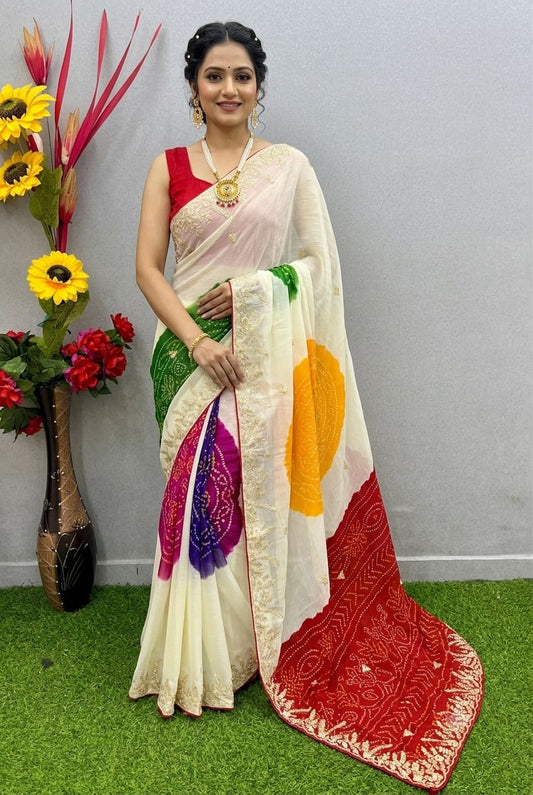 DF-5025 MOSS CHIFFON SOFT & SMOOTH WITH BEAUTIFUL SEQUENCE&PITA WORK C-PALLU WITH TRADITIONAL BANDHEJ ALL OVER WITH WORK BLOUSE