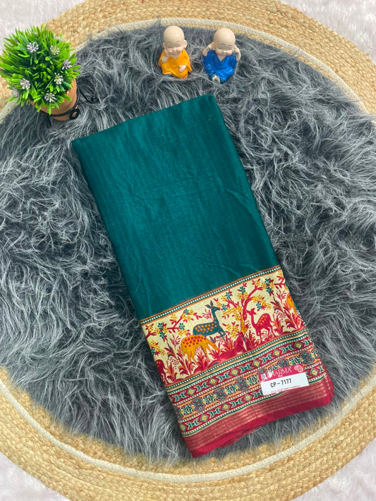CP-7177 MAL COTTON FABRIC SAREE WITH RICH PALLU DESIGN WITH BEAUTIFUL AJRKAH PRINT WITH BLOUSE