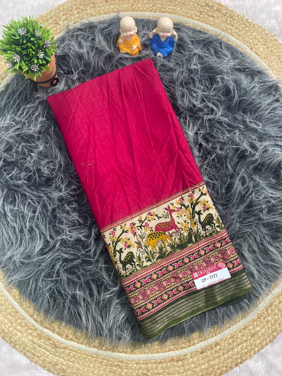 CP-7177 MAL COTTON FABRIC SAREE WITH RICH PALLU DESIGN WITH BEAUTIFUL AJRKAH PRINT WITH BLOUSE