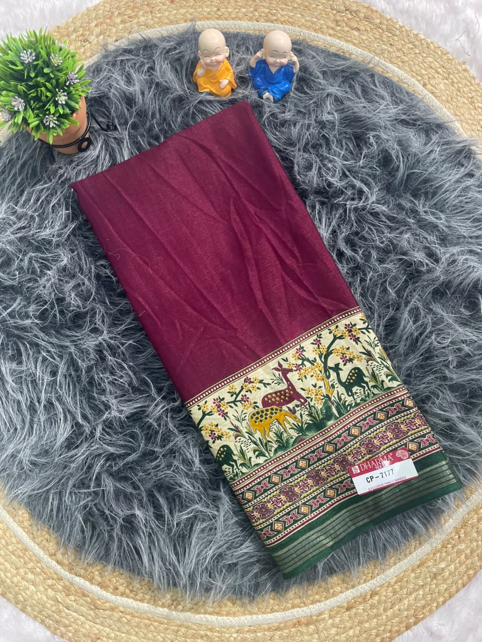 CP-7177 MAL COTTON FABRIC SAREE WITH RICH PALLU DESIGN WITH BEAUTIFUL AJRKAH PRINT WITH BLOUSE