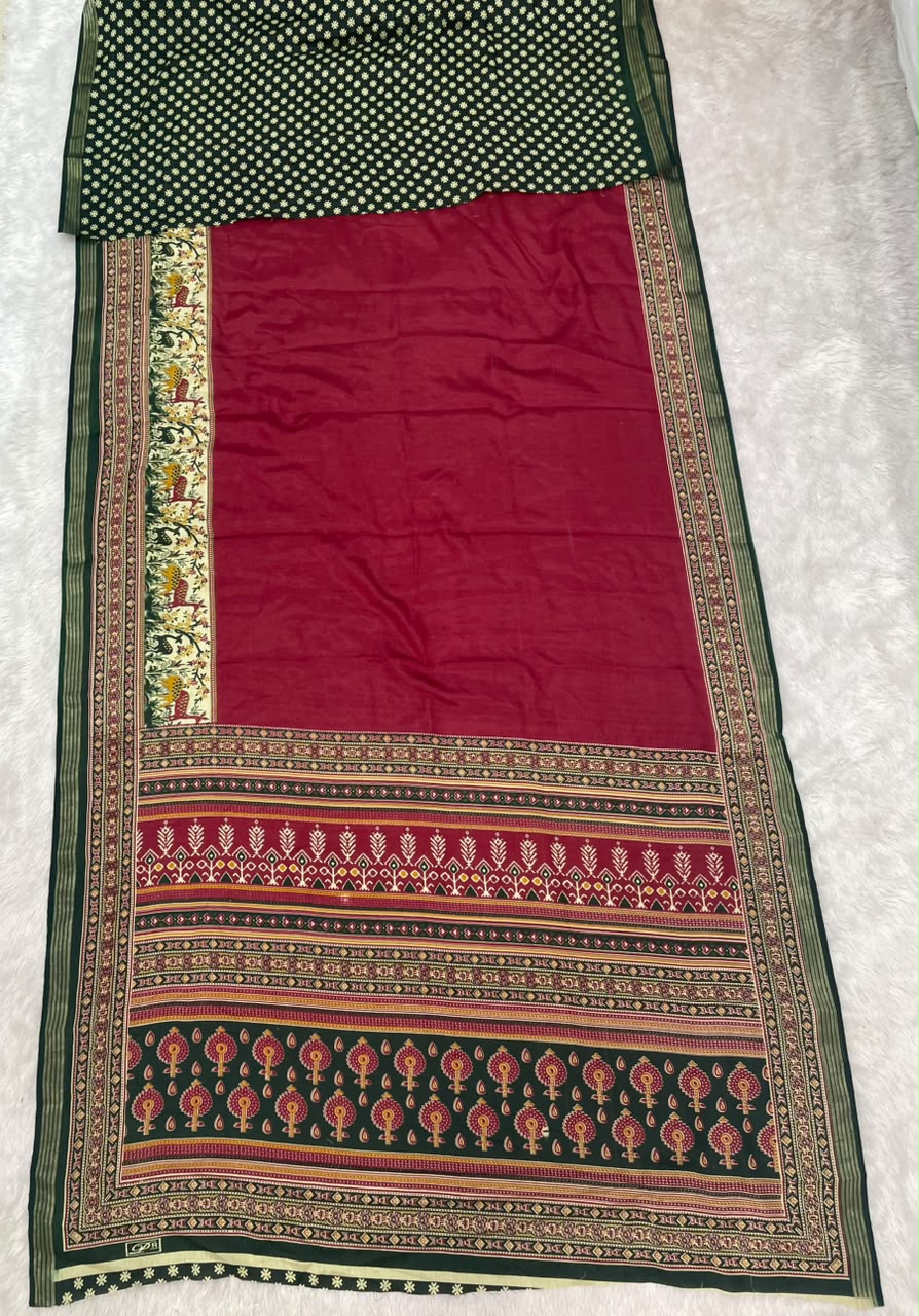 CP-7177 MAL COTTON FABRIC SAREE WITH RICH PALLU DESIGN WITH BEAUTIFUL AJRKAH PRINT WITH BLOUSE
