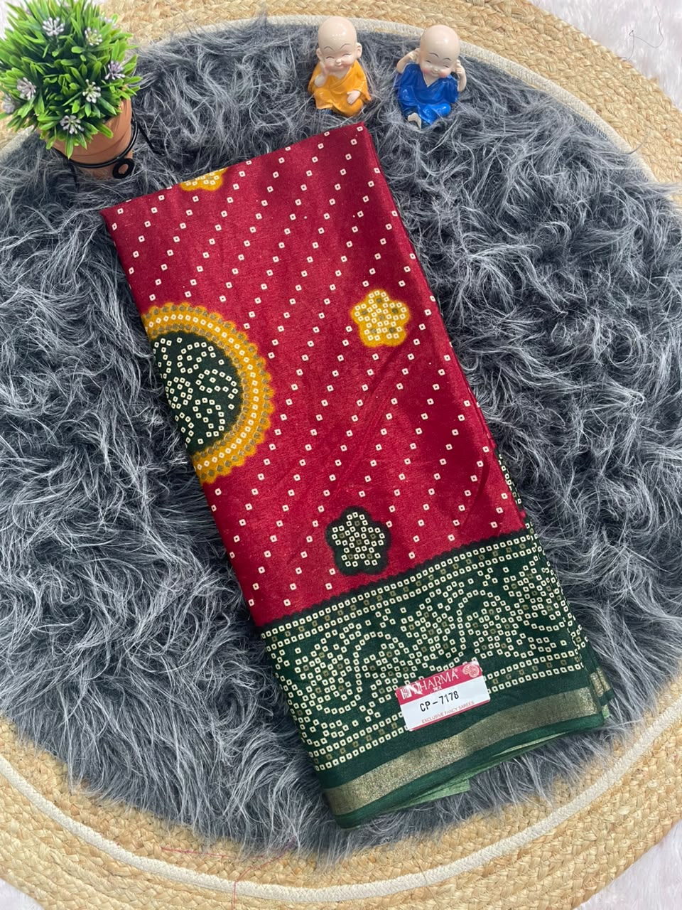 CP-7178 MAL COTTON FABRIC SAREE WITH BEAUTIFUL PALLU ON PRINT WITH BUTTA DESIGN ON BODY WITH BLOUSE