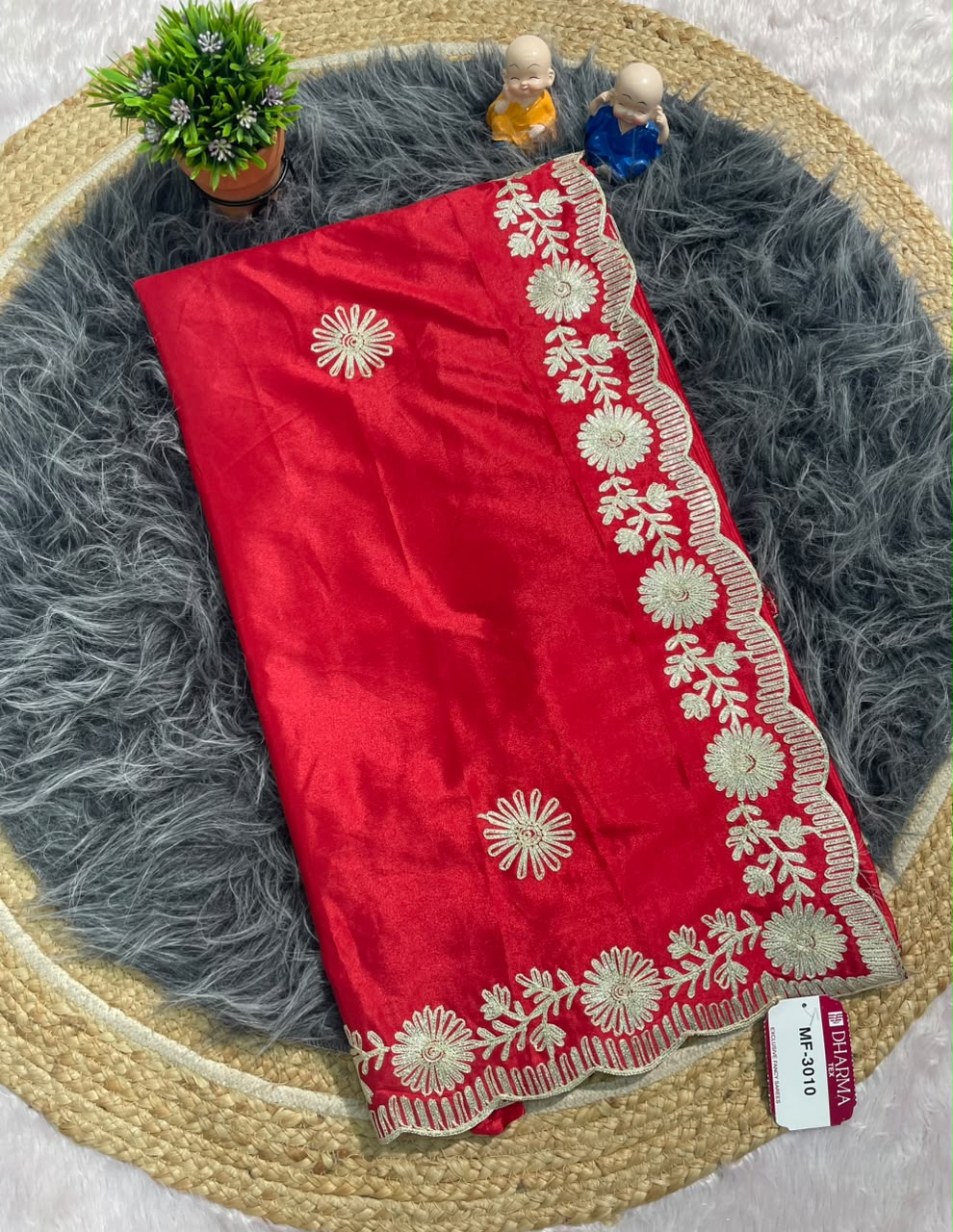 MF-3010 HO SILK FABRIC SAREE WITH THREAD WORK WITH CUTWORK WITH BEAUTIFUL FLORAL DESIGN ON BORDER WITH BLOUSE