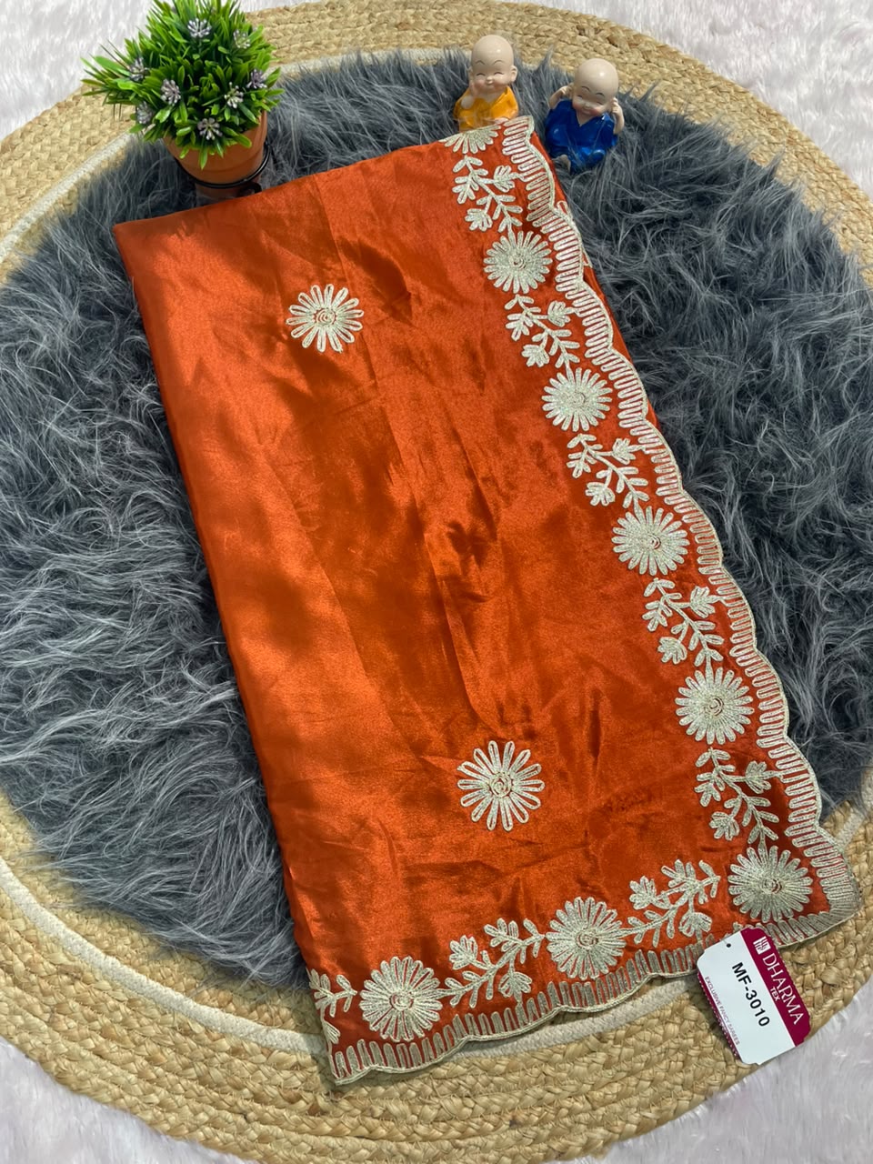 MF-3010 HO SILK FABRIC SAREE WITH THREAD WORK WITH CUTWORK WITH BEAUTIFUL FLORAL DESIGN ON BORDER WITH BLOUSE