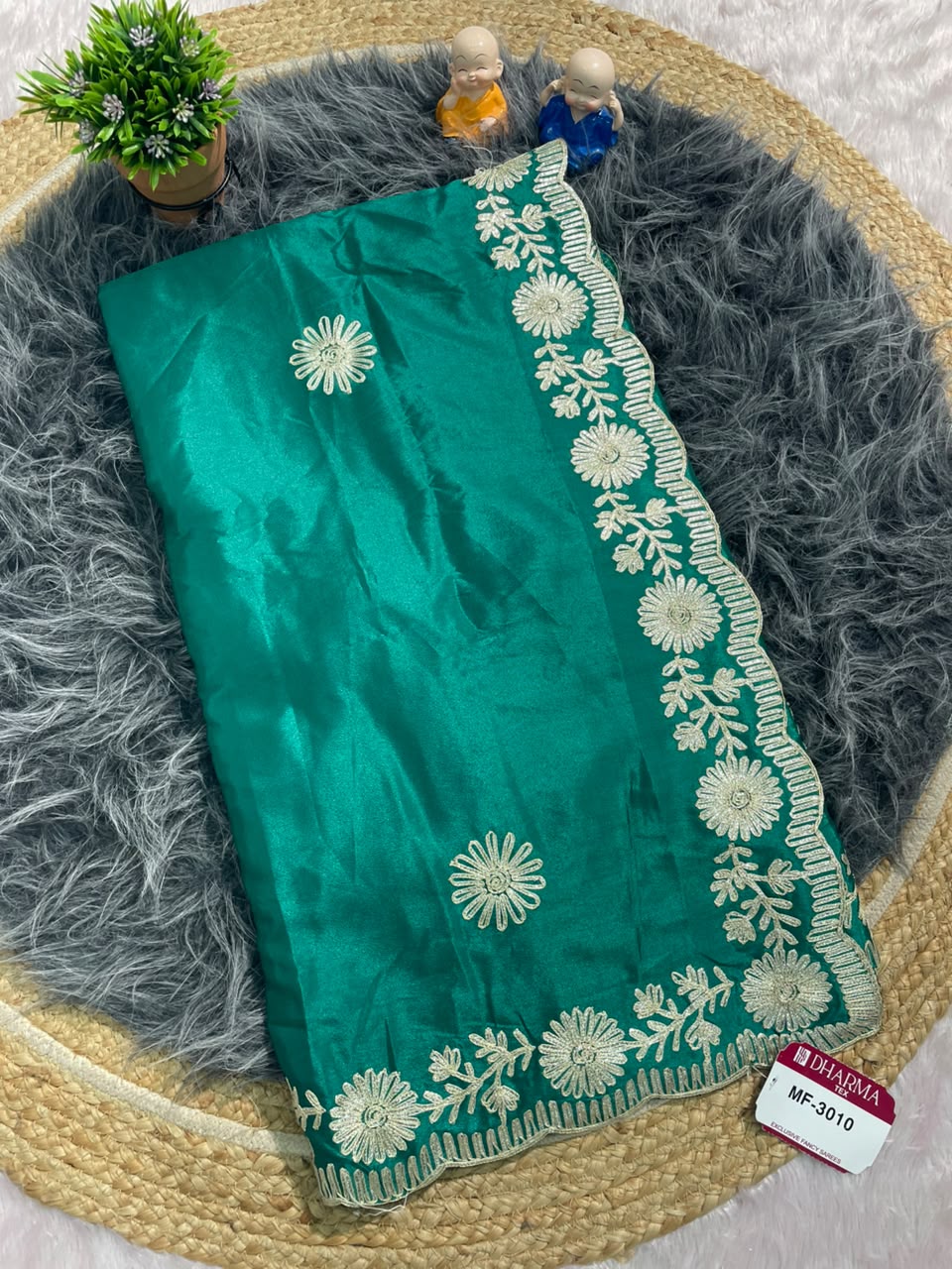 MF-3010 HO SILK FABRIC SAREE WITH THREAD WORK WITH CUTWORK WITH BEAUTIFUL FLORAL DESIGN ON BORDER WITH BLOUSE