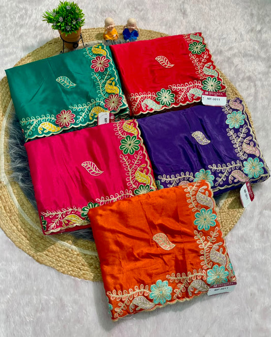 MF-3011 HO SILK FABRIC SAREE WITH BEAUTIFUL DESIGN WITH CUTWORK WITH THREAD WORK WITH HEAVY BLOUSE