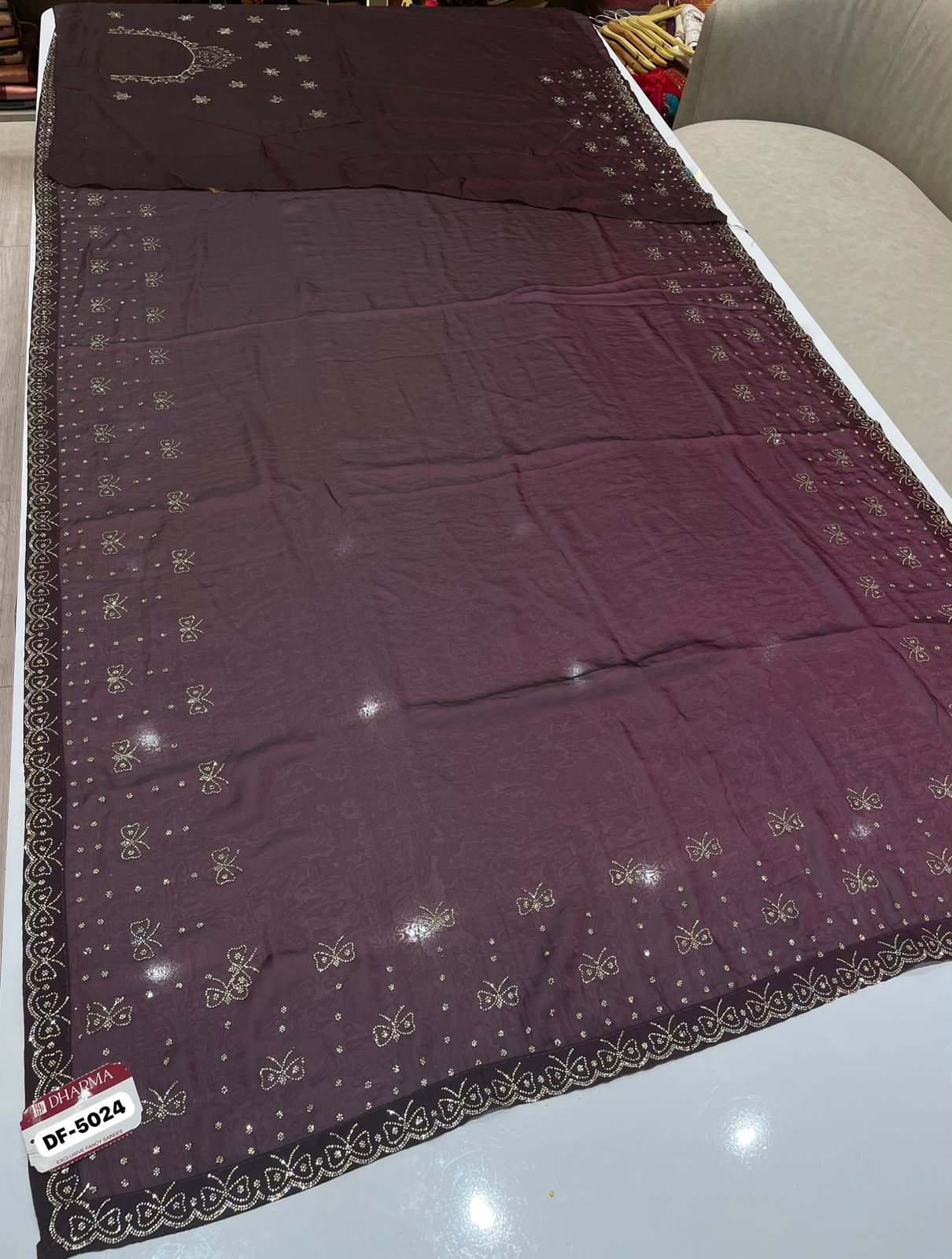 DF-5024 FENDI FABRIC SAREE WITH BEAUTIFUL DESIGN WITH HEAVY JARKAN WORK ALL OVER ON SAREE WITH BEAUTIFUL BUTTERLY DESIGN WITH BLOUSE