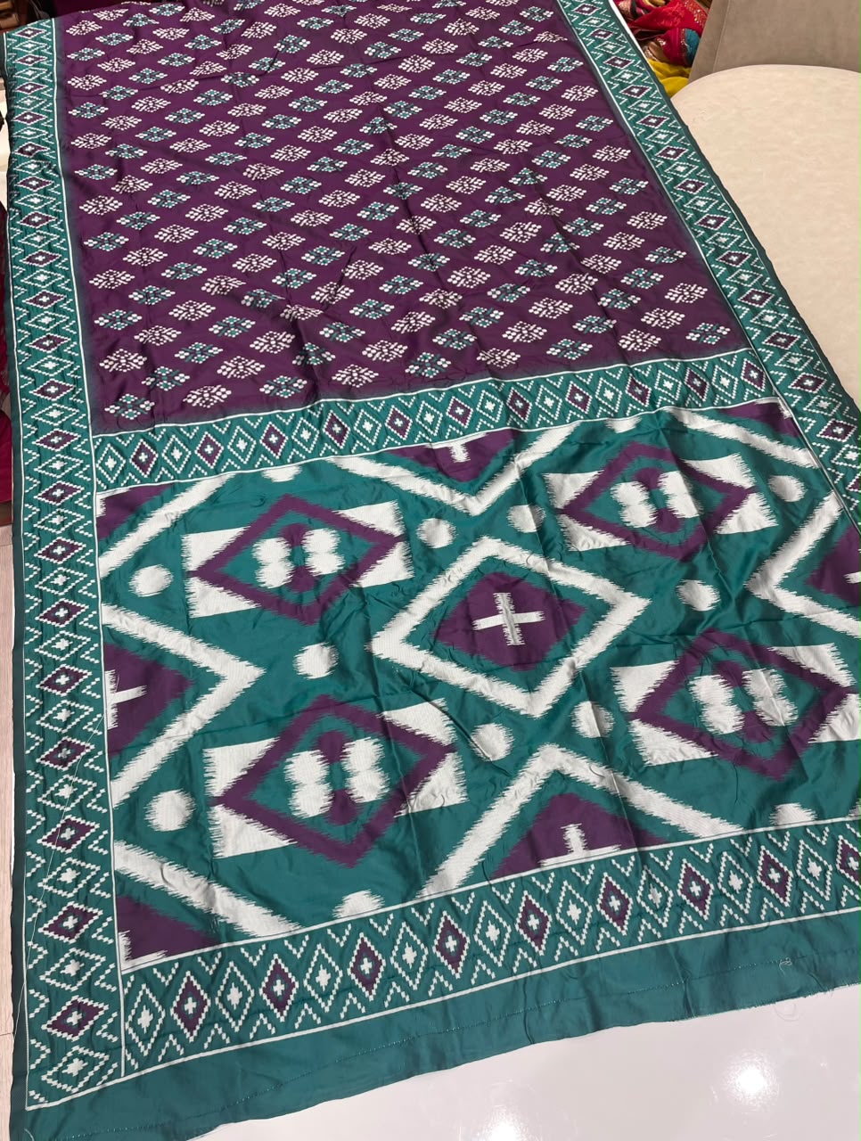 AJ-SANJANA  SOFT SILK FABRIC SAREE WITH RICH PALLU DESIGN WITH IKKAT PATOLA TEST DESIGN  WITH BLOUSE