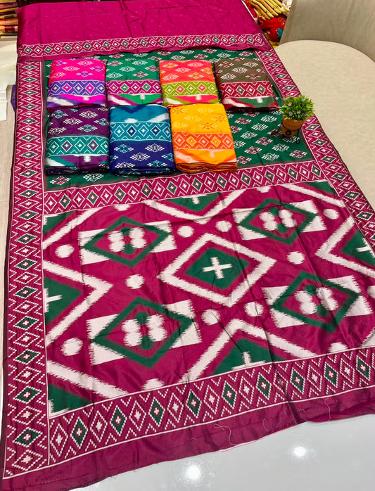 AJ-SANJANA SOFT SILK FABRIC SAREE WITH RICH PALLU DESIGN WITH IKKAT PATOLA TEST DESIGN WITH BLOUSE