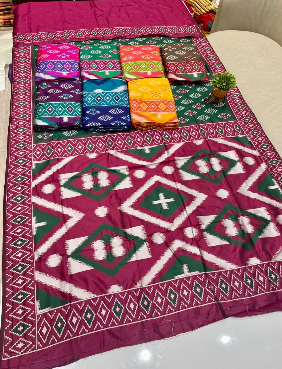 AJ-SANJANA  SOFT SILK FABRIC SAREE WITH RICH PALLU DESIGN WITH IKKAT PATOLA TEST DESIGN  WITH BLOUSE