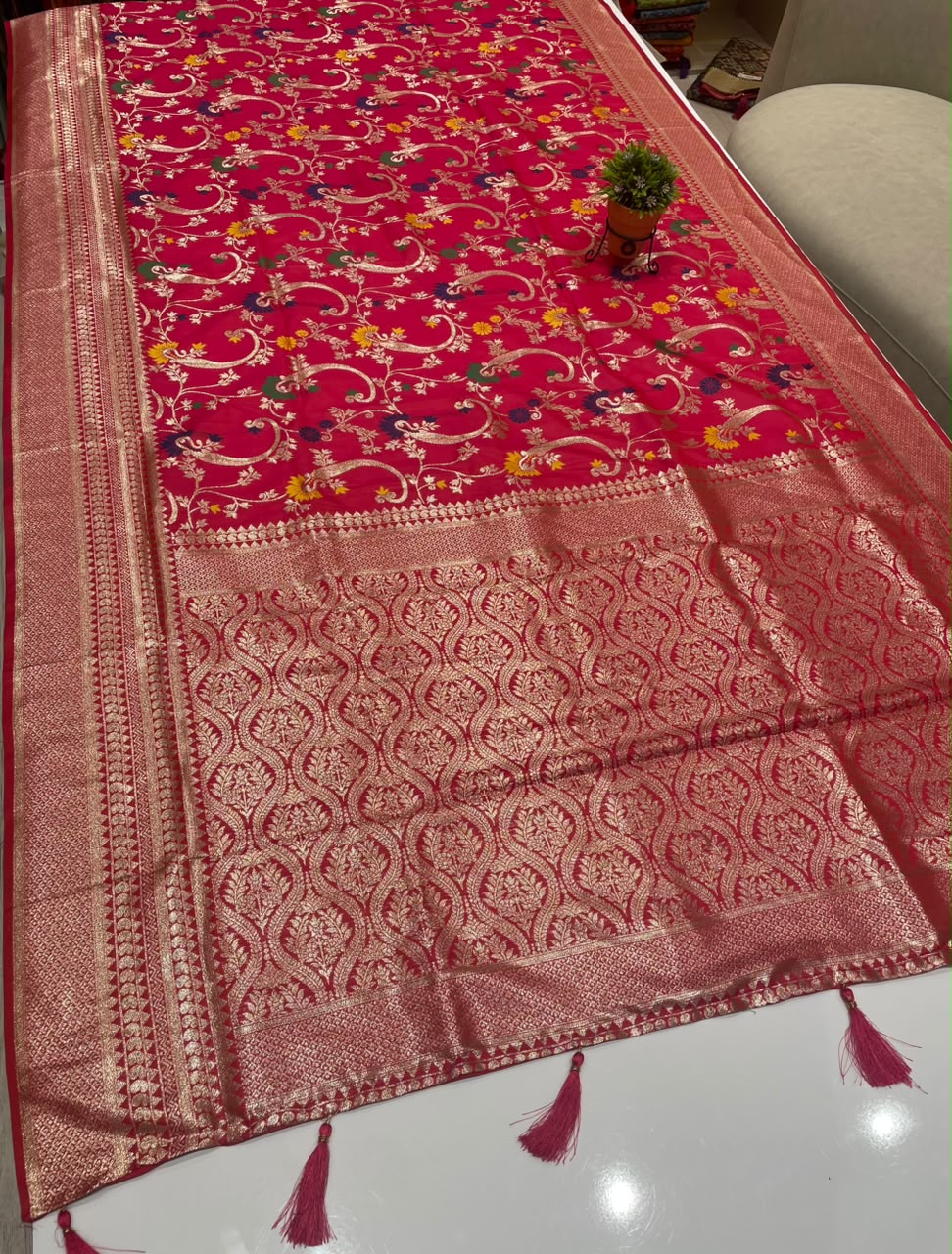AJ-JASMINE SOFT SILK FABRIC SAREE WITH BEAUTIFUL RICH PALLU DESIGN WITH MEENAKARI WORK WITH TASSELS WITH BLOUSE
