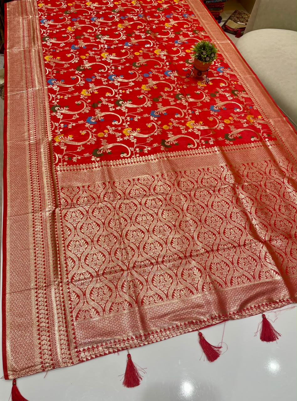 AJ-JASMINE SOFT SILK FABRIC SAREE WITH BEAUTIFUL RICH PALLU DESIGN WITH MEENAKARI WORK WITH TASSELS WITH BLOUSE