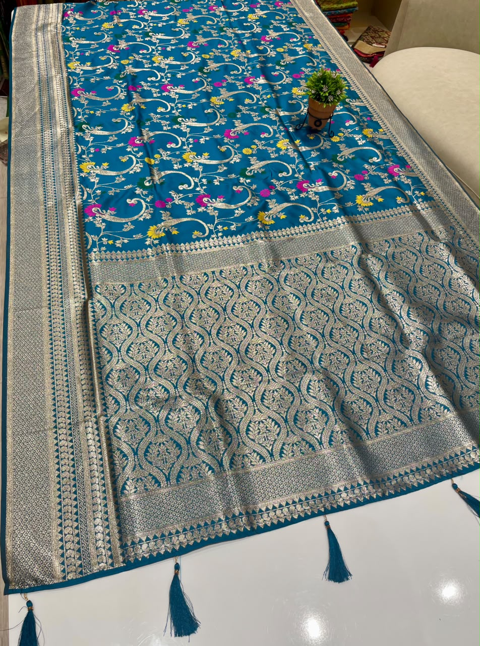 AJ-JASMINE SOFT SILK FABRIC SAREE WITH BEAUTIFUL RICH PALLU DESIGN WITH MEENAKARI WORK WITH TASSELS WITH BLOUSE