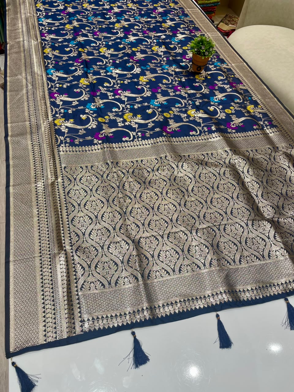 AJ-JASMINE SOFT SILK FABRIC SAREE WITH BEAUTIFUL RICH PALLU DESIGN WITH MEENAKARI WORK WITH TASSELS WITH BLOUSE