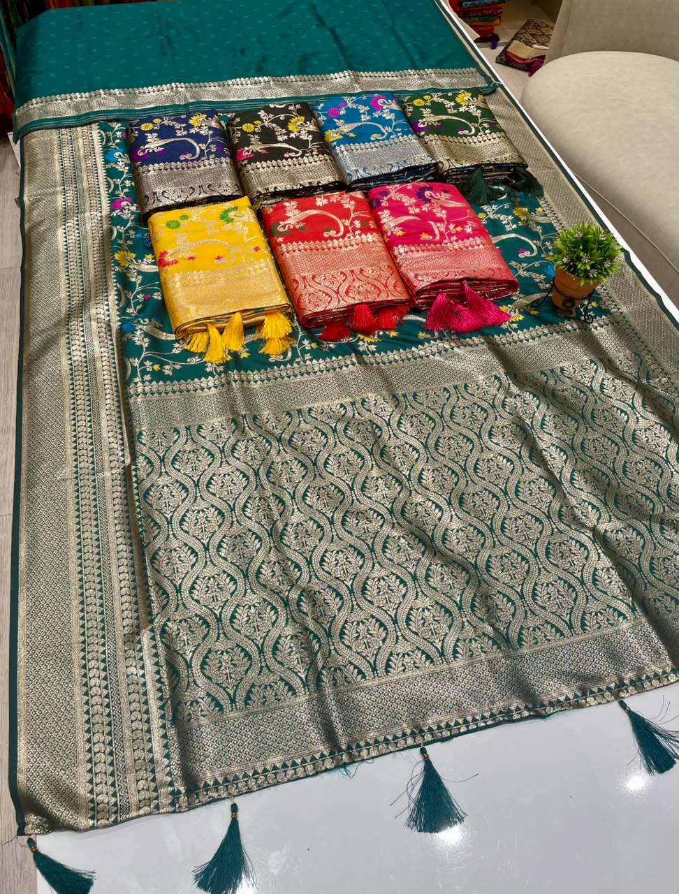AJ-JASMINE SOFT SILK FABRIC SAREE WITH BEAUTIFUL RICH PALLU DESIGN WITH MEENAKARI WORK WITH TASSELS WITH BLOUSE