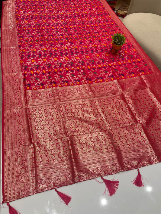 AJ-KALRAV SOFT SILK FABRIC SAREE WITH RICH PALLU DESIGN WITH MEENAKRI WORK WITH PIPING AND LATKAN WITH BLOUSE