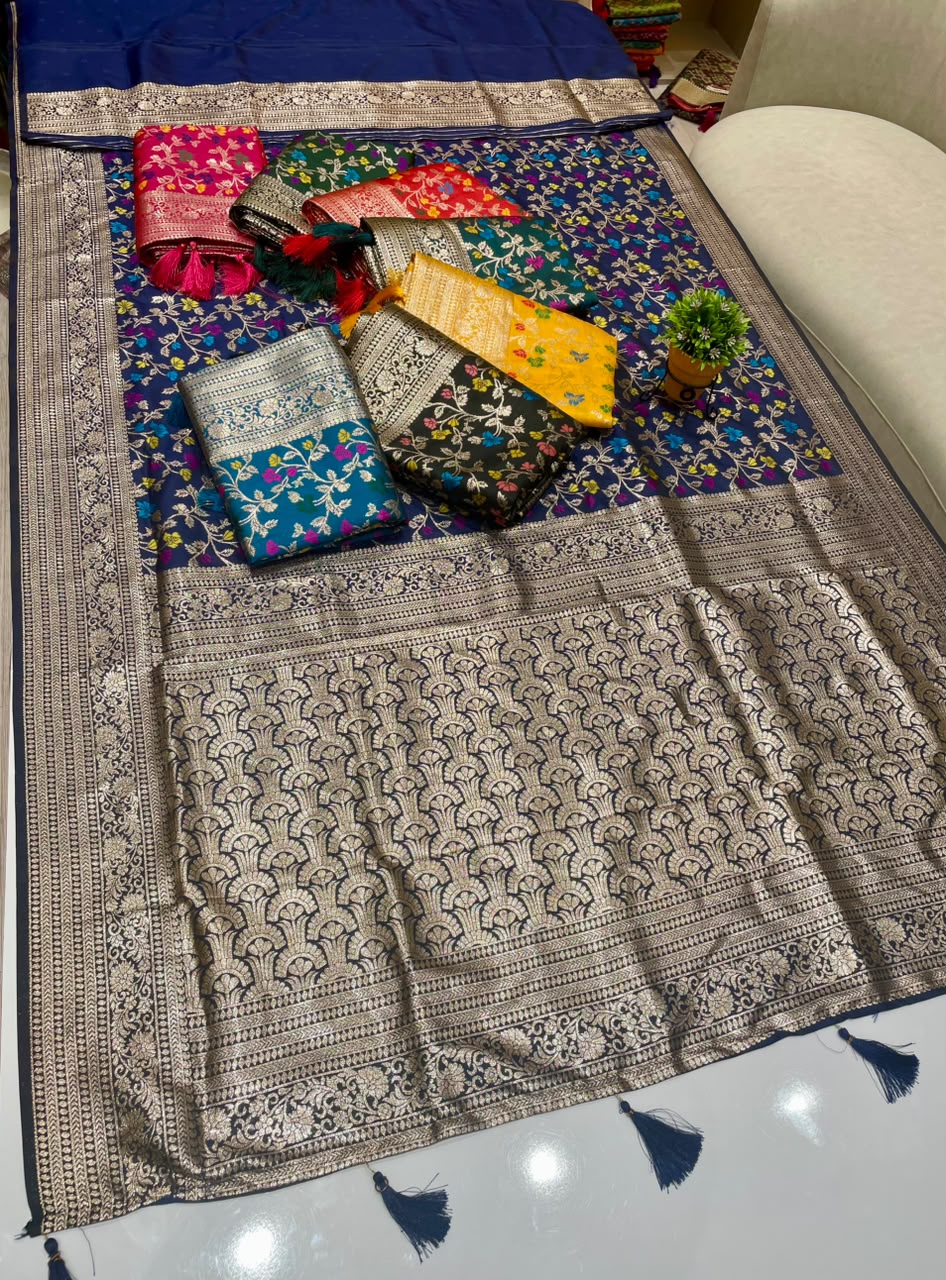 AJ-KALRAV SOFT SILK FABRIC SAREE WITH RICH PALLU DESIGN WITH MEENAKRI WORK WITH PIPING AND LATKAN WITH BLOUSE