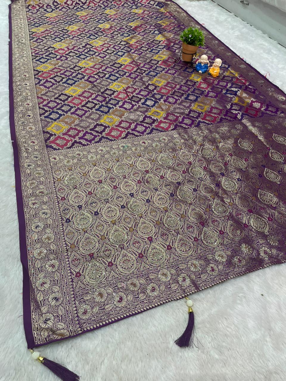 AJ-MOKSHA SATIN SILK FABRIC SAREE WITH RICH PALLU DESIGN WITH HEAVY JARKAN WORK WITH PANGKAT DESIGN ON BODY WITH TASSELS AND BLOUSE