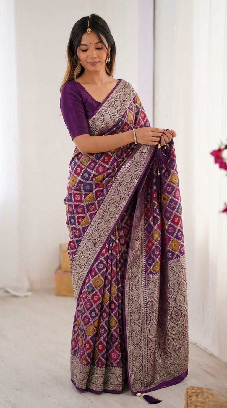 AJ-MOKSHA SATIN SILK FABRIC SAREE WITH RICH PALLU DESIGN WITH HEAVY JARKAN WORK WITH PANGKAT DESIGN ON BODY WITH TASSELS AND BLOUSE