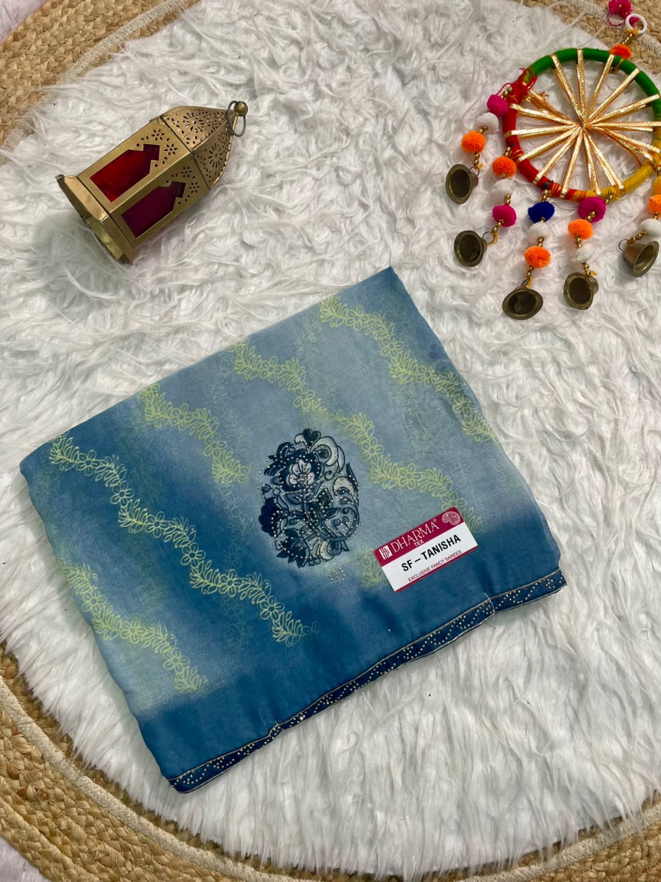 SF-TANISHA GEORGETTE 60 GRAM FABRIC WITH BEUATIFUL DESIGN WITH DMC SIROSKI WORK WITH DMC SIROSKI WORK ON BORDER WITH BLOUSE