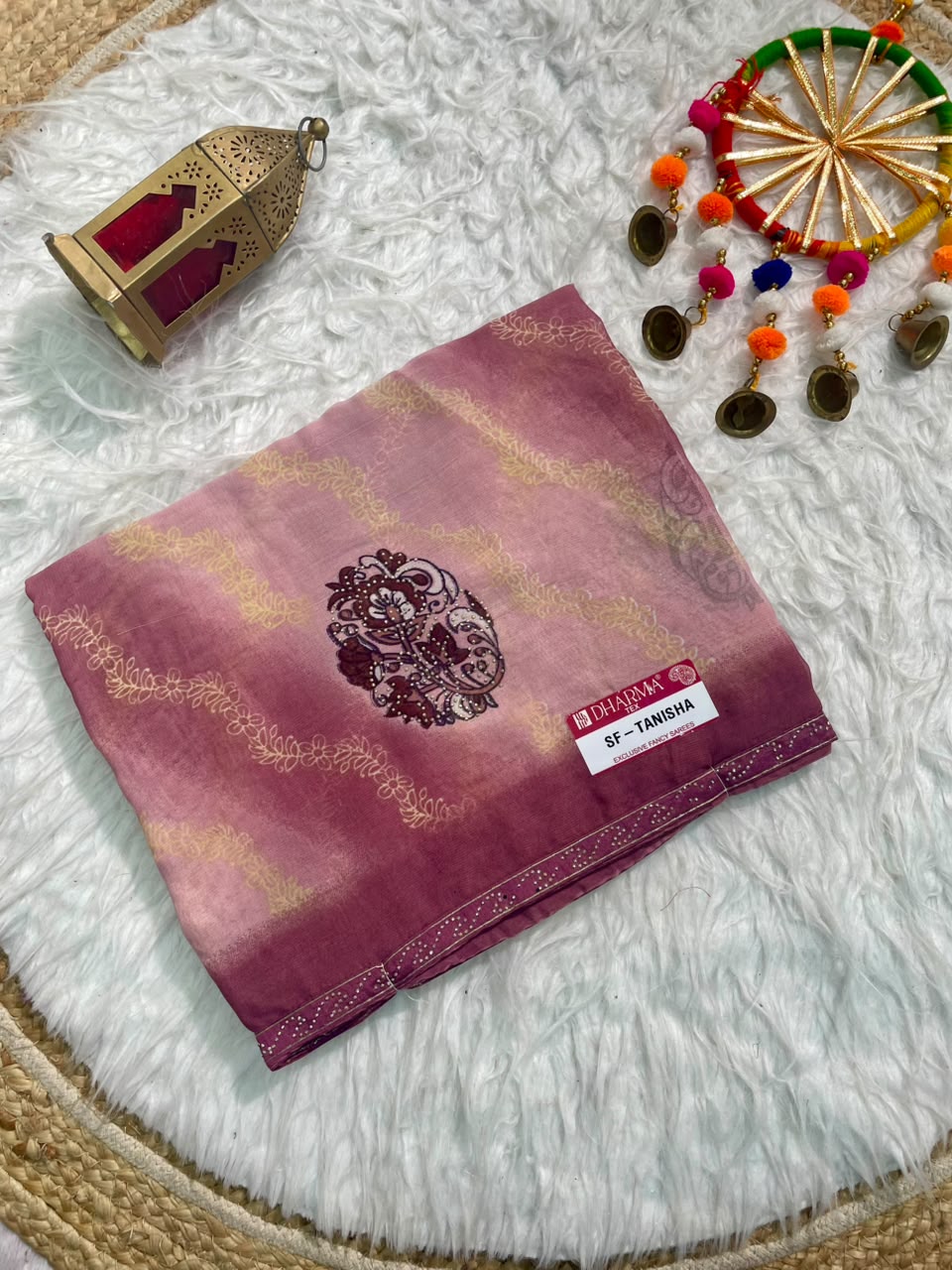 SF-TANISHA GEORGETTE 60 GRAM FABRIC WITH BEUATIFUL DESIGN WITH DMC SIROSKI WORK WITH DMC SIROSKI WORK ON BORDER WITH BLOUSE