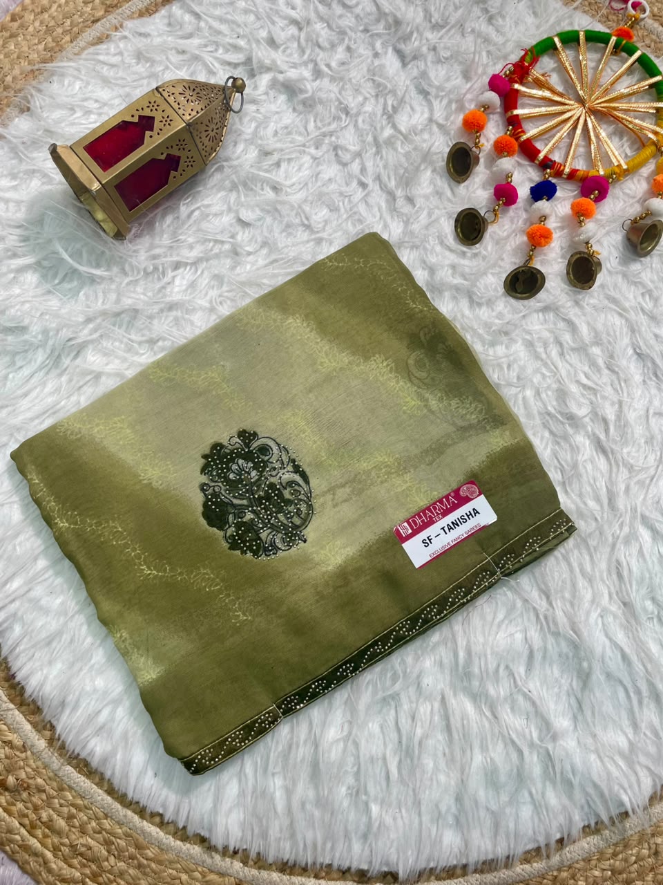 SF-TANISHA GEORGETTE 60 GRAM FABRIC WITH BEUATIFUL DESIGN WITH DMC SIROSKI WORK WITH DMC SIROSKI WORK ON BORDER WITH BLOUSE