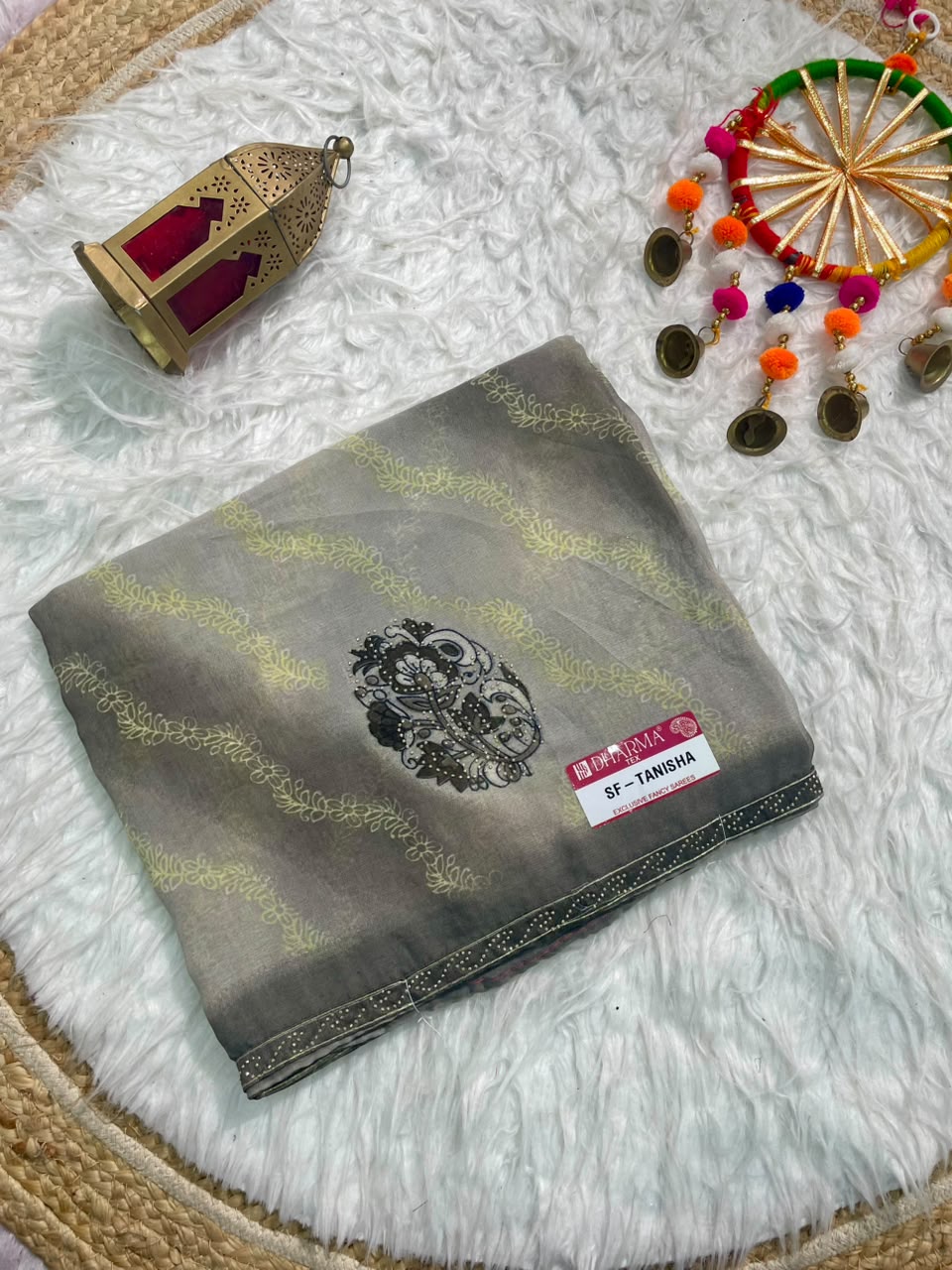 SF-TANISHA GEORGETTE 60 GRAM FABRIC WITH BEUATIFUL DESIGN WITH DMC SIROSKI WORK WITH DMC SIROSKI WORK ON BORDER WITH BLOUSE