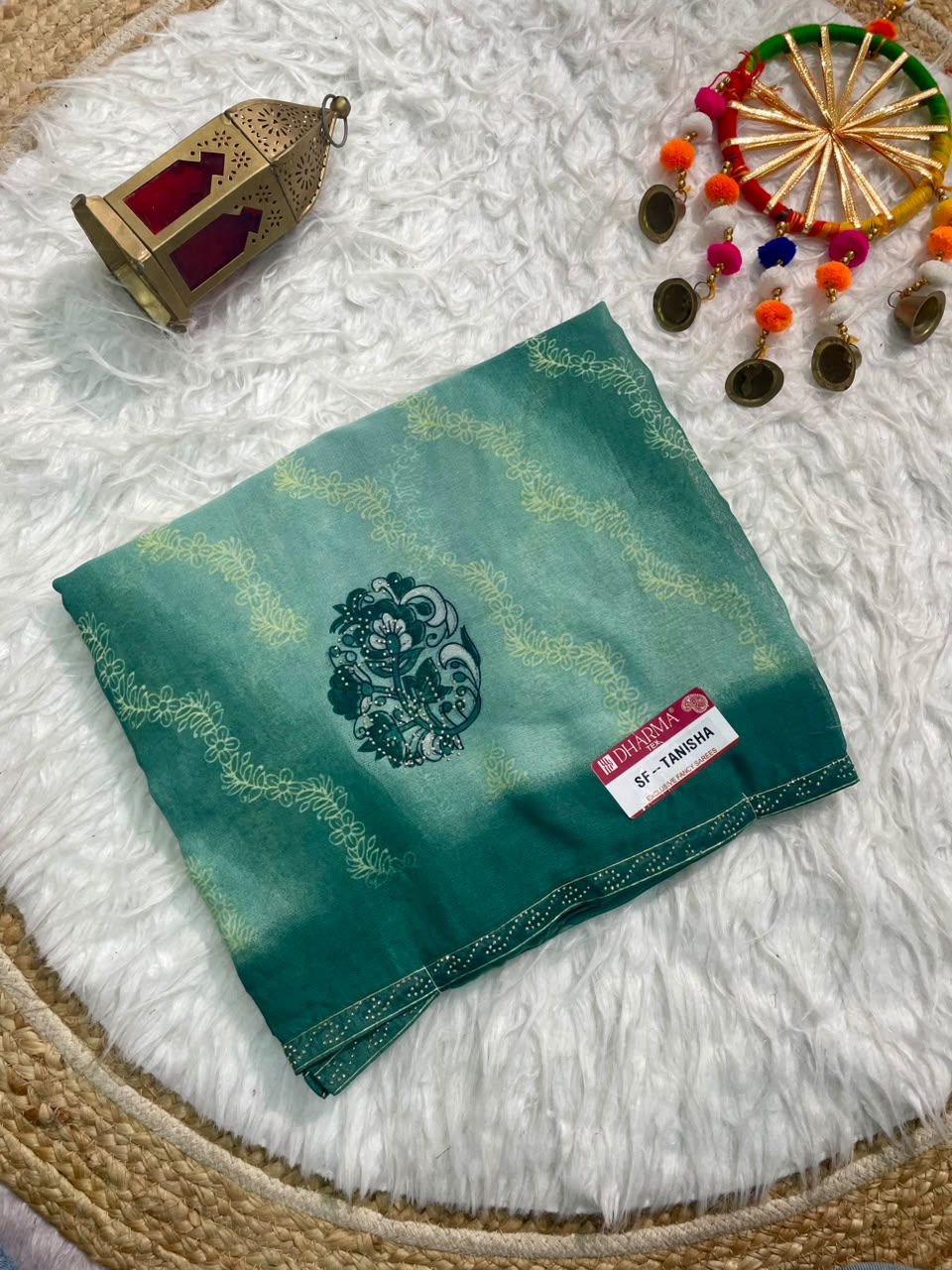 SF-TANISHA GEORGETTE 60 GRAM FABRIC WITH BEUATIFUL DESIGN WITH DMC SIROSKI WORK WITH DMC SIROSKI WORK ON BORDER WITH BLOUSE