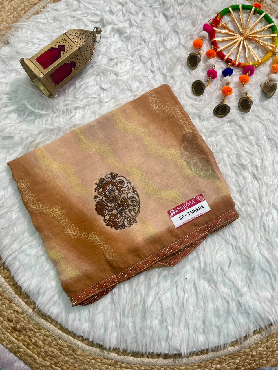 SF-TANISHA GEORGETTE 60 GRAM FABRIC WITH BEUATIFUL DESIGN WITH DMC SIROSKI WORK WITH DMC SIROSKI WORK ON BORDER WITH BLOUSE