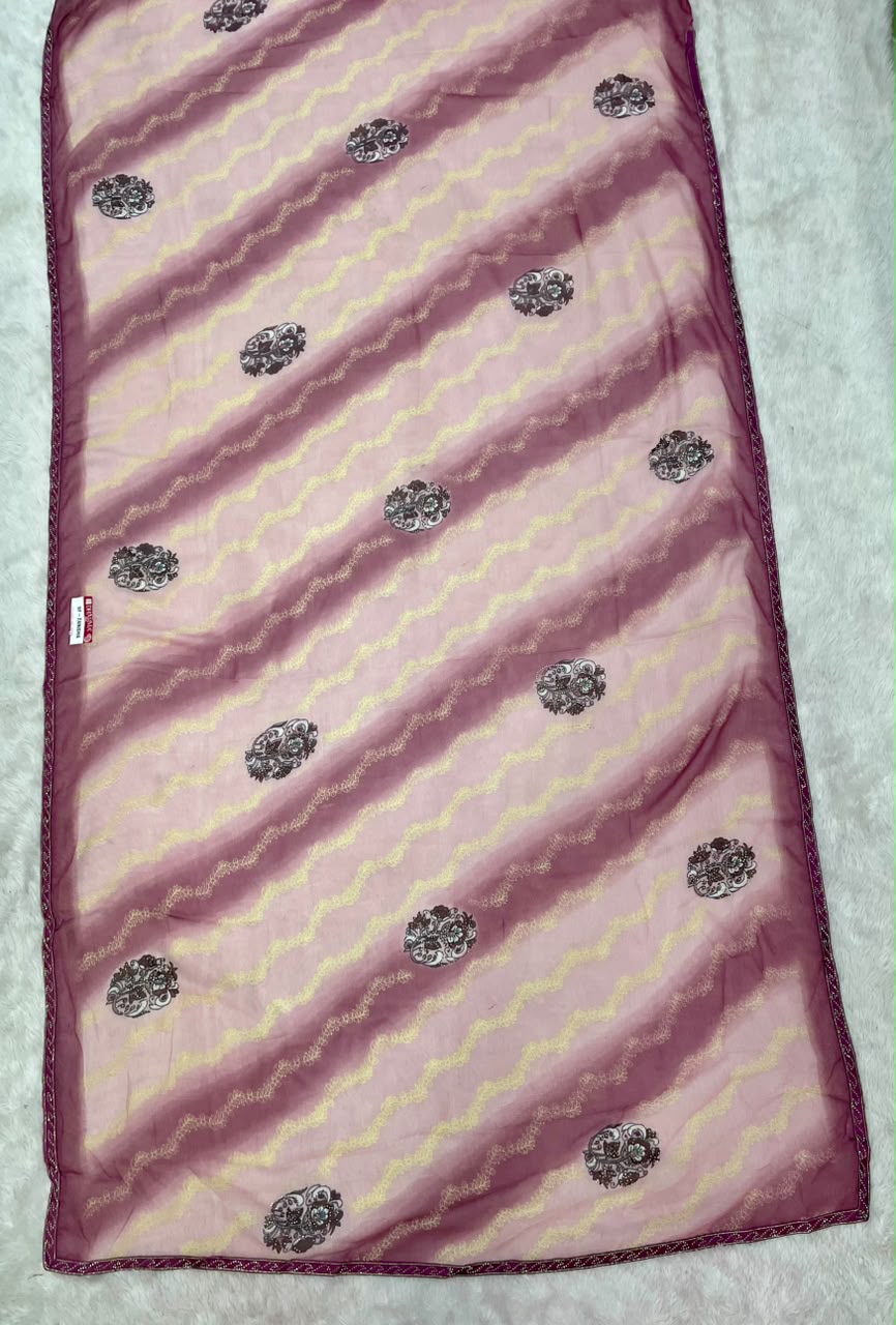 SF-TANISHA GEORGETTE 60 GRAM FABRIC WITH BEUATIFUL DESIGN WITH DMC SIROSKI WORK WITH DMC SIROSKI WORK ON BORDER WITH BLOUSE
