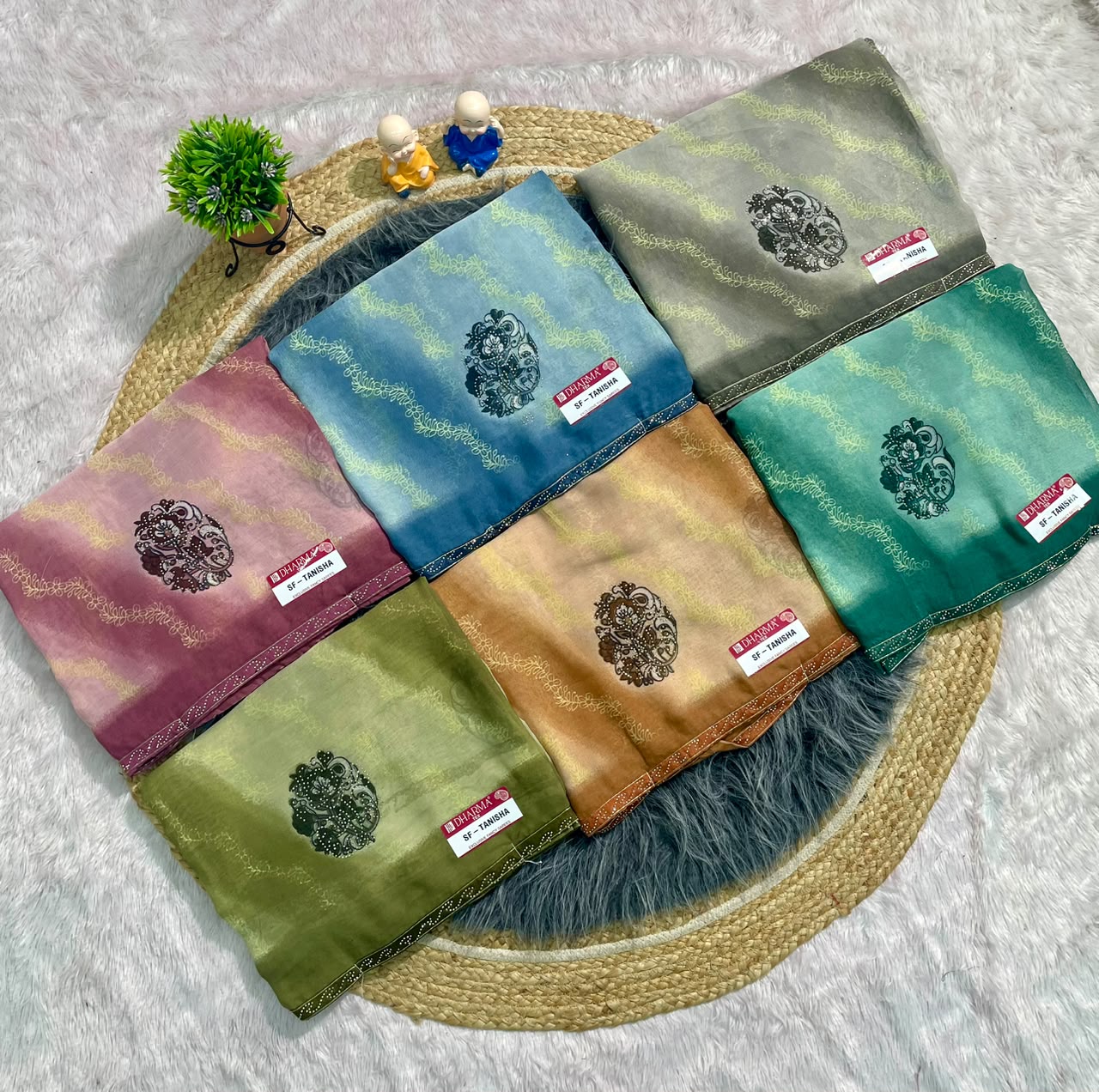 SF-TANISHA GEORGETTE 60 GRAM FABRIC WITH BEUATIFUL DESIGN WITH DMC SIROSKI WORK WITH DMC SIROSKI WORK ON BORDER WITH BLOUSE