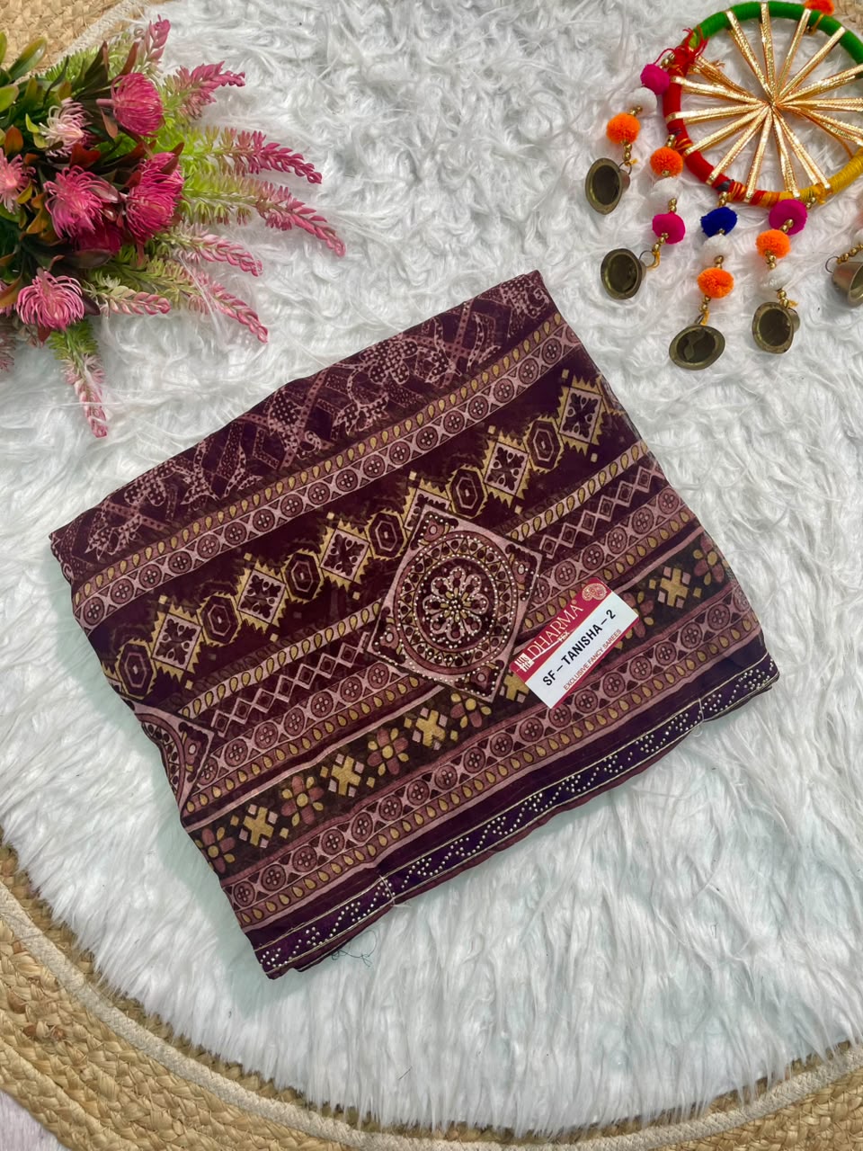 SF-TANISHA-2 GEORGETTE 60 GRAM FABRIC WITH BEAUTIFUL PRINT ON SAREE WITH DMC SIROSKI WORK SAREE WITH BORDER WITH BLOUSE